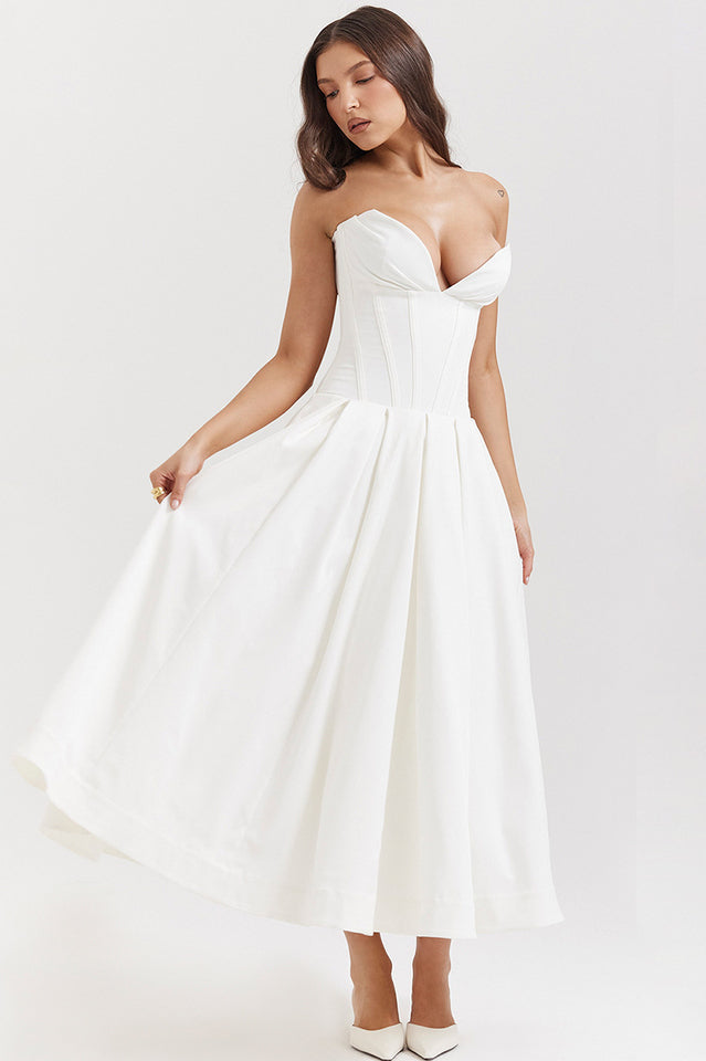 Strapless Plunging V-Neck Corset Bodice Box Pleat A-Line Midi Dress