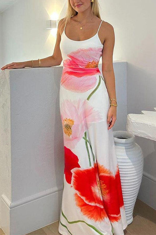 Spaghetti Strap Backless Floral Print Maxi Vacation Dress