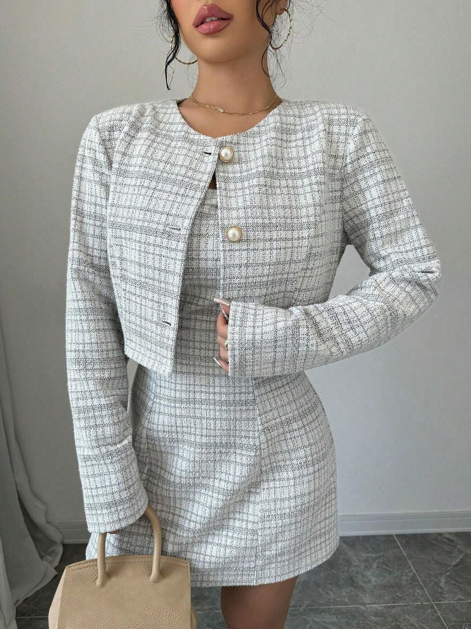Single-breasted Short Jacket Fitted Dress 2-piece Sets