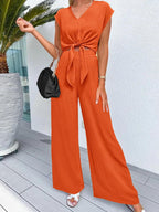 V-neck Tie-up Cropped Wide-leg Pants Two-piece Set