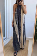 Halter Neck Backless Color Block Printed Maxi Dress