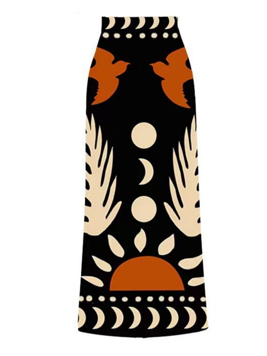 Retro-print Mesh Maxi Dress Conservative One-piece Swimsuit Two-piece Set