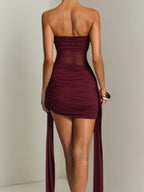 Mesh-paneled, Elegant Ribbon-trimmed Solid Color Strapless Short Dress