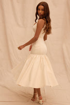 Sleeveless Scoop Neck Princess Seam Dropped Waist Gathered Flounce Midi Dress
