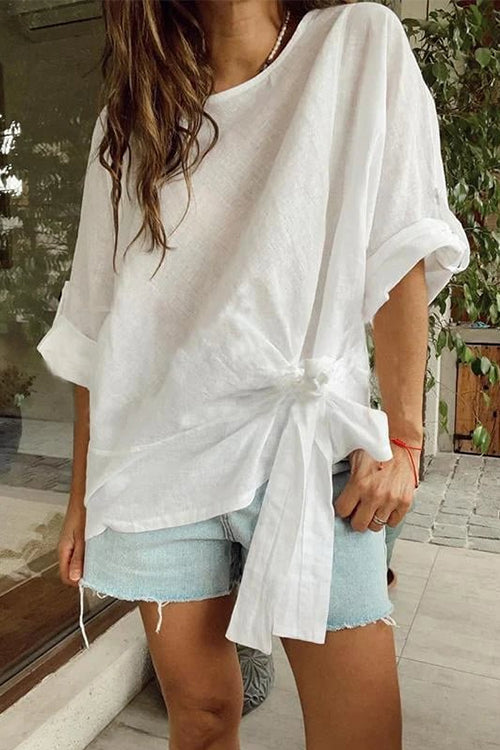 Rolled Up Sleeves Tie Knot Loose Top