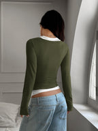 Faux Two-piece U-neck Halter Neck Long-sleeved T-shirt