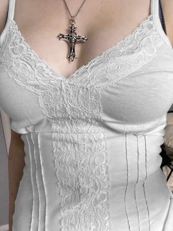 Deep V-neck Solid Color Lace Trim Split Camisole