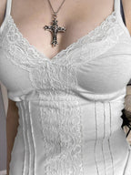 Deep V-neck Solid Color Lace Trim Split Camisole
