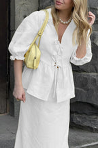 Puff Sleeve Tie-up Ruffle Cotton Shirt Skirt Set
