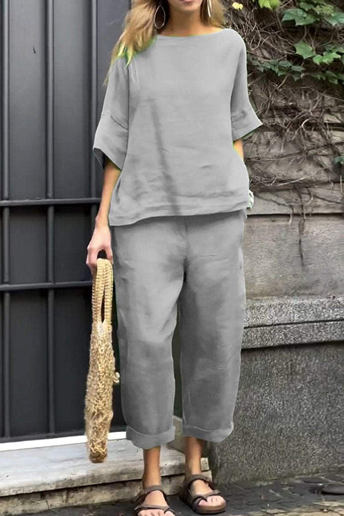 Cotton Linen Half Sleeves Pullover Top Wide Leg Tapered Pants Set