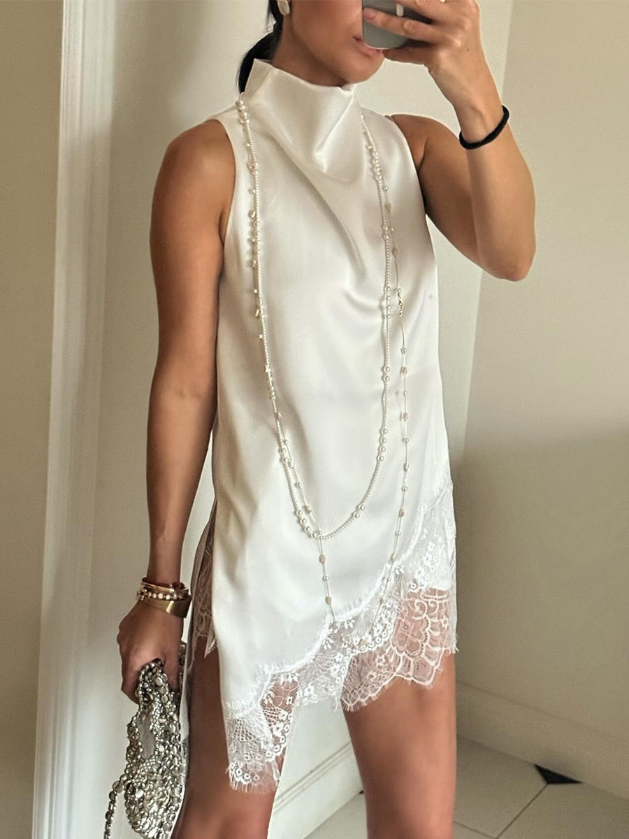 Irregular Satin Sleeveless Lace Splicing Jacket Mini&Short Dresses