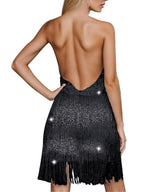 Black Tassel Flash Halter Sleeveless Mini&Short Dresses