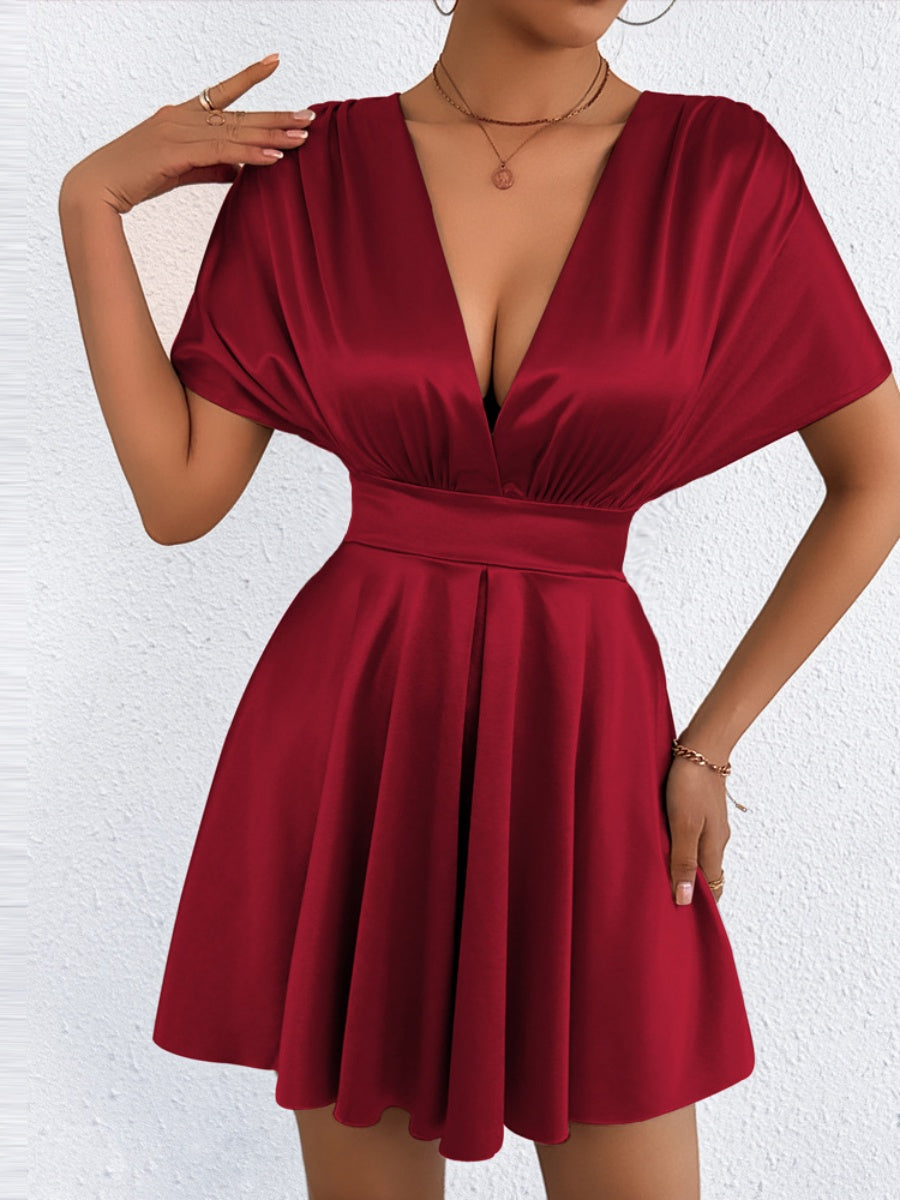 V-neck, Fitted Waist, Zippered, Glossy Short Dress