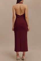 Halter V Neck Backless Buttons Bodycon Midi Dress