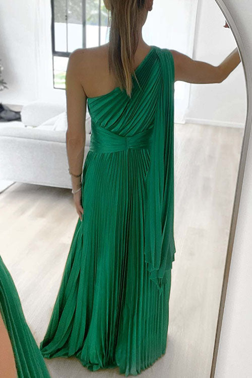 Draped One Shoulder Waisted Pleated Maxi Party Dress