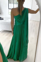 Draped One Shoulder Waisted Pleated Maxi Party Dress