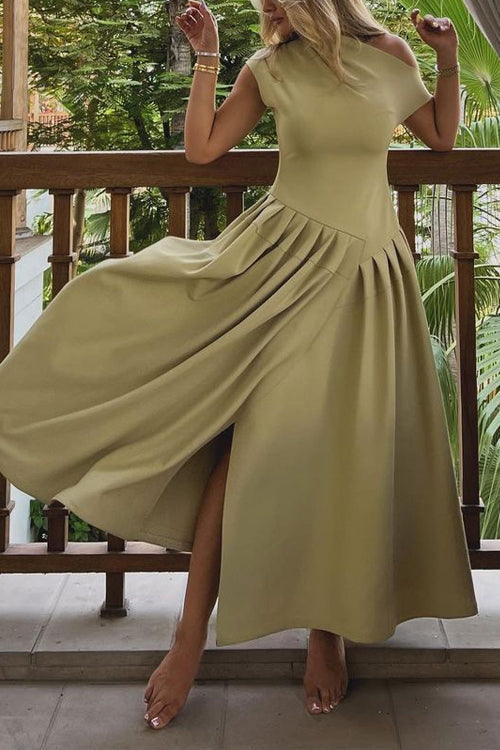 Elegant Asymmetric Shoulder Pleated Swing Maxi Dress