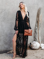 Lace Long-sleeved V-neck Solid Color Chiffon Long Dress