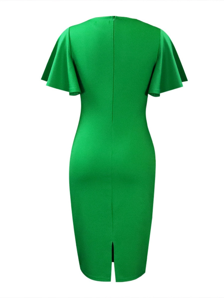 Commuting Lotus Leaf Sleeves Buttons Solid Color Mini&Short Dresses