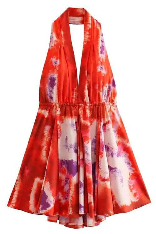 Deep V Neck Halter Backless Printed Mini Vacation Dress