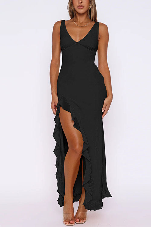 V Neck Sleeveless Ruffle Trim Slit Maxi Dress