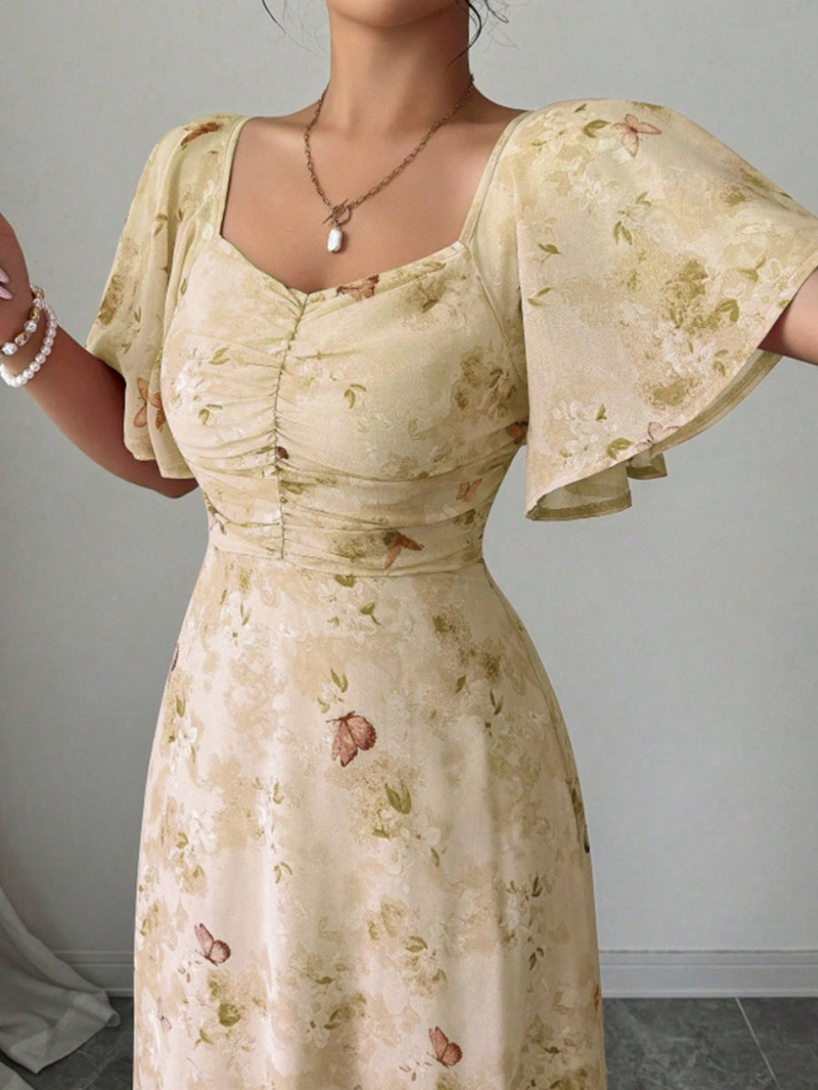 Floral Lotus Leaf Sleeves Sweetheart Collar Vacation And Leisure Maxi Dresses