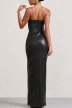 Strapless High Slit Faux Leather Bodycon Maxi Dress