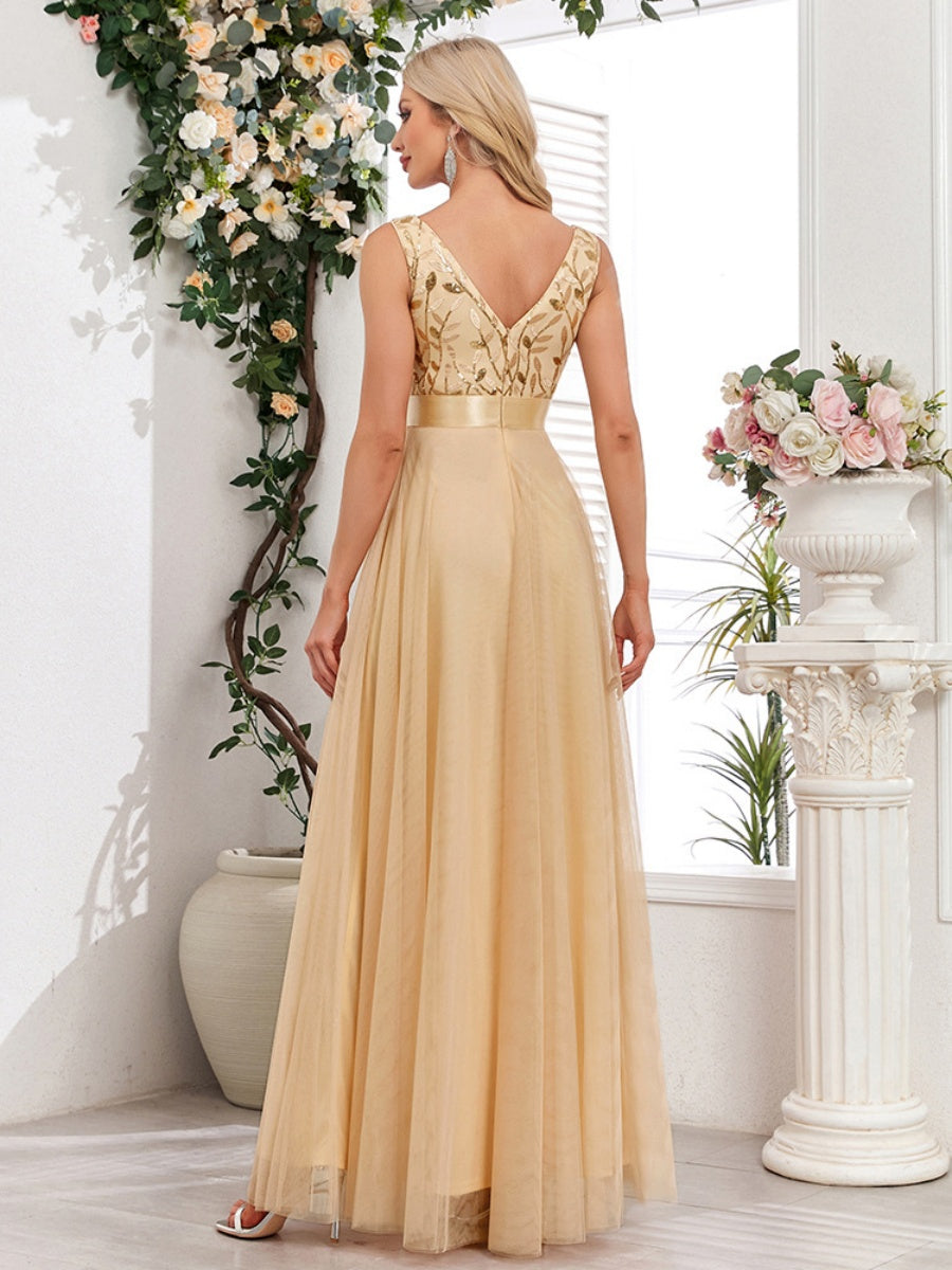 V-neck Embroidery Sequins Elegant Gauze Formal Dress Maxi Dresses