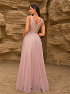 V-neck Embroidery Sequins Elegant Gauze Formal Dress Maxi Dresses
