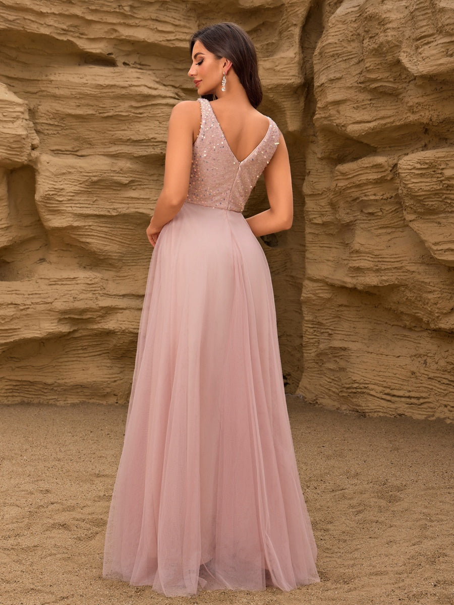 V-neck Embroidery Sequins Elegant Gauze Formal Dress Maxi Dresses