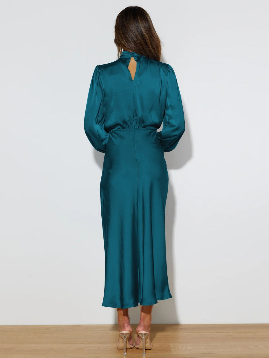 Satin Long Sleeve Zipper Solid Color Maxi Dresses