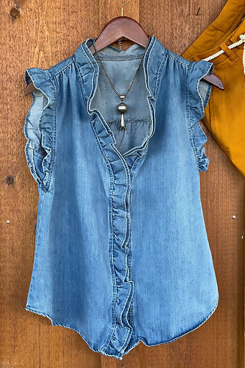 V Neck Ruffle Trim Sleeveless Denim Top