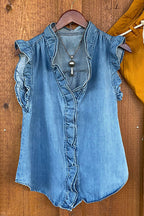 V Neck Ruffle Trim Sleeveless Denim Top