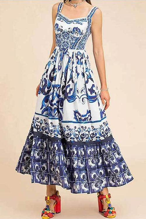V Neck Waisted Floral Print Swing Maxi Cami Dress