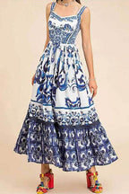 V Neck Waisted Floral Print Swing Maxi Cami Dress