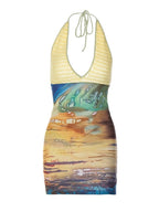 Abstract Print Patchwork Knitted Deep V Halter Neck Bodycon Short Dress