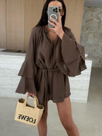 V-neck, Irregular Tie-waist, Long-sleeved, Loose-fitting Short Dress