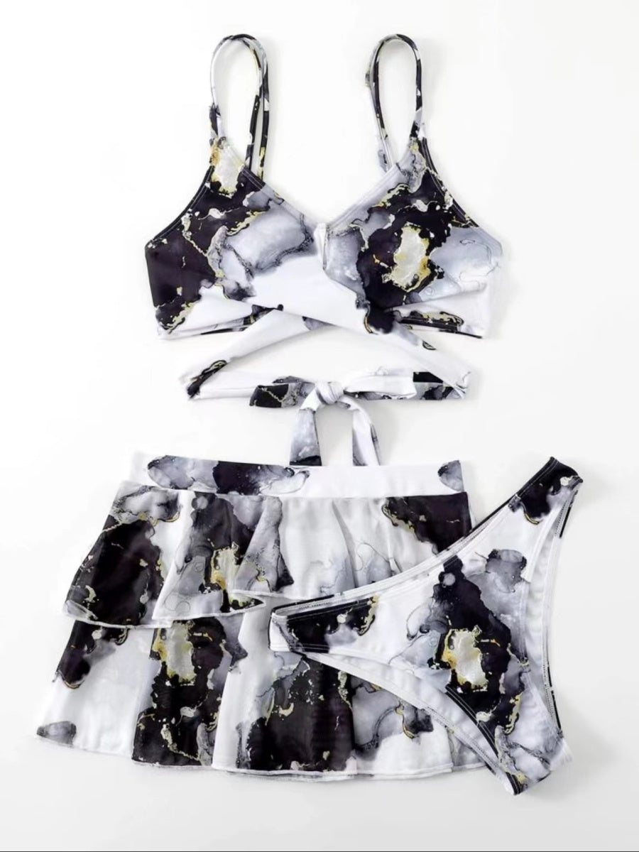 Marble Print Bikini Beach Dress Three-Piece Set