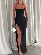 Satin High Slit Backless Camisoles Maxi Dresses