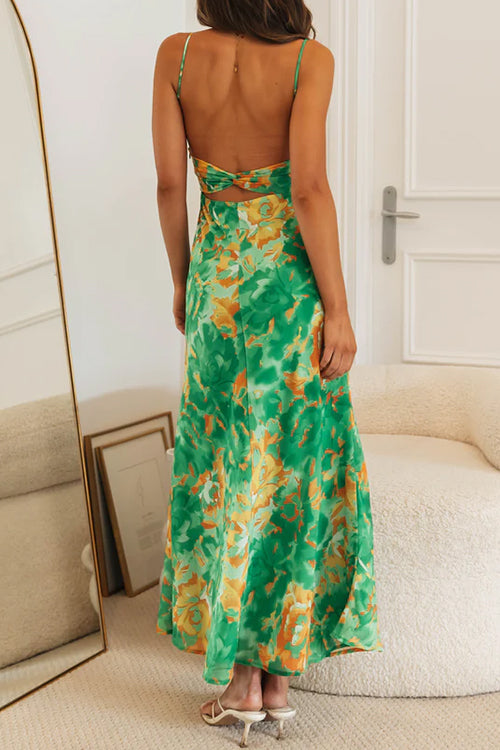 Spaghetti Strap Twist Back Printed Maxi Vacation Dress
