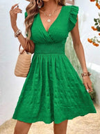 V-neck Pleated Ruffles Solid Color Mini&Short Dresses
