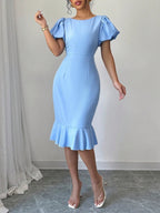 Round Neck Lantern Sleeve Ruffled Fishtail Midi Dress