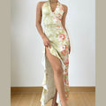 Slit ruffle flower print halter ruched mini dress  | Festival Outfits Women