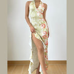 Slit ruffle flower print halter ruched mini dress  | Festival Outfits Women