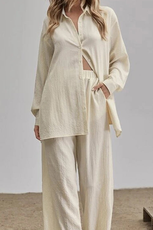 Long Sleeves Side Slit Blouse Shirt Elastic Waist Wide Leg Pants Set