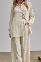 Long Sleeves Side Slit Blouse Shirt Elastic Waist Wide Leg Pants Set