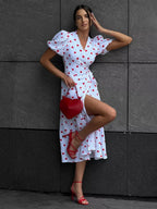 Pure Cotton Bandage Wrap-up Puff Sleeve Printed Comfort Maxi Dresses