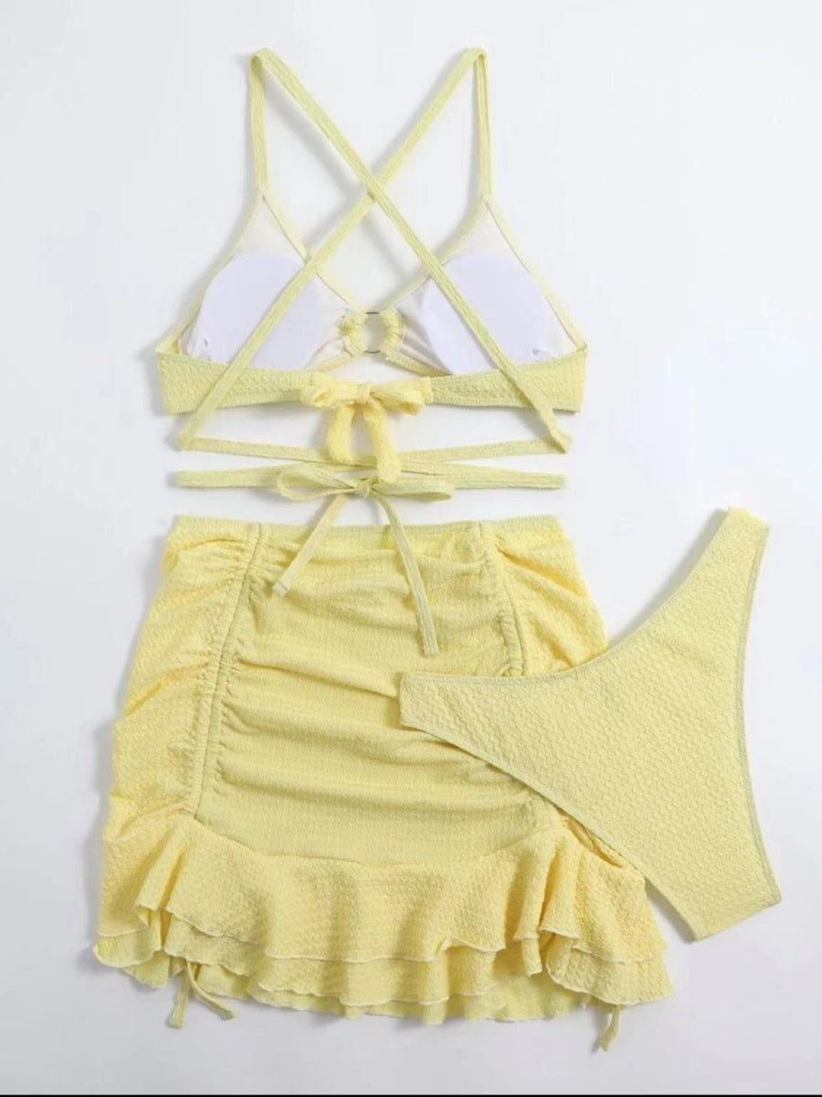 Textured Fabric Strappy Bikini Three-piece Set