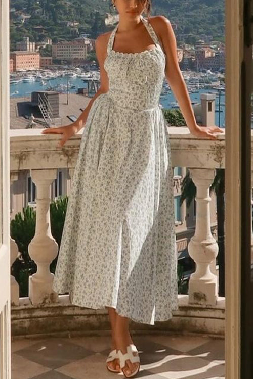 Halter Sleeveless Ruched Waist Floral Print Swing Midi Dress