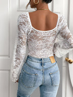 Openwork Lace V-neck Lace Trim Tight-fitting Base Layer Bodysuits